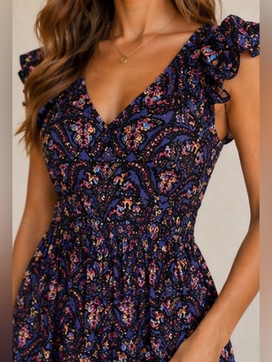 Caroline Constas Dresses & Skirts - Caroline Constas Navy Pansy Print Maxi Dress Ruffle Strap Cotton S NWT
